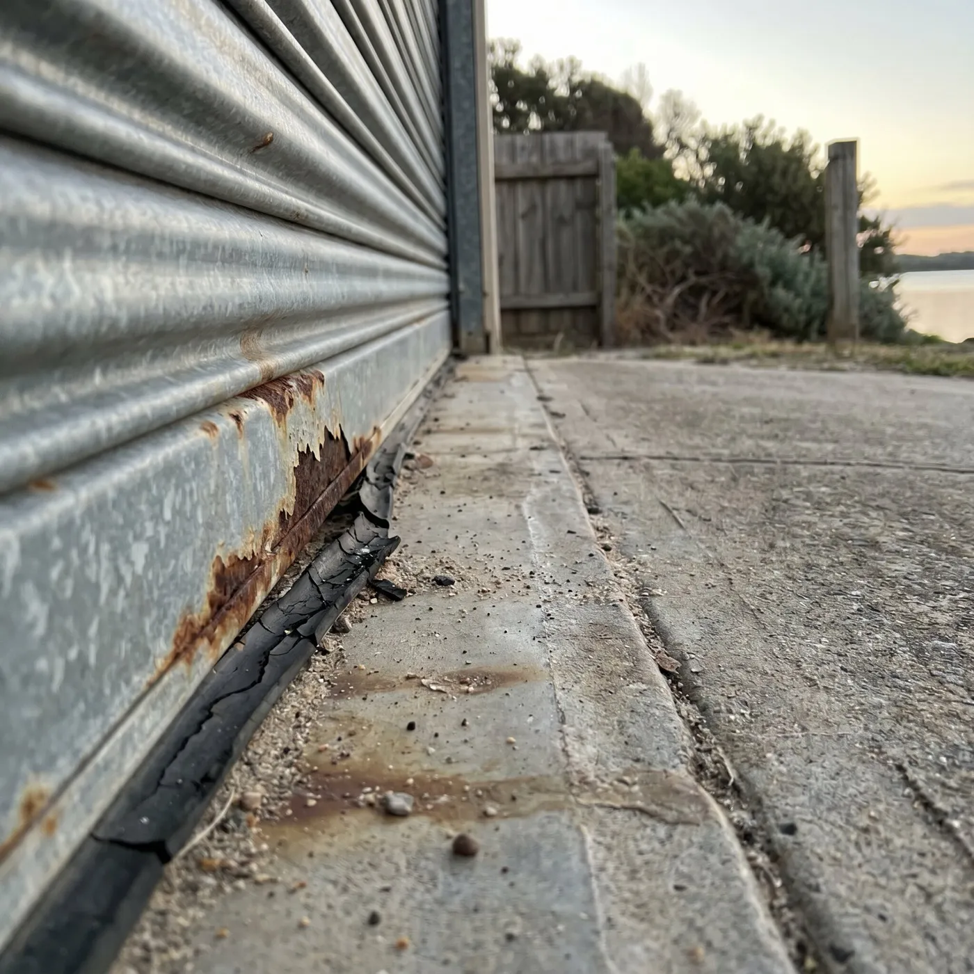 Close-up of an old roller door&rsquo;s bottom rail: surface rust, a perished seal and grit at the track foot