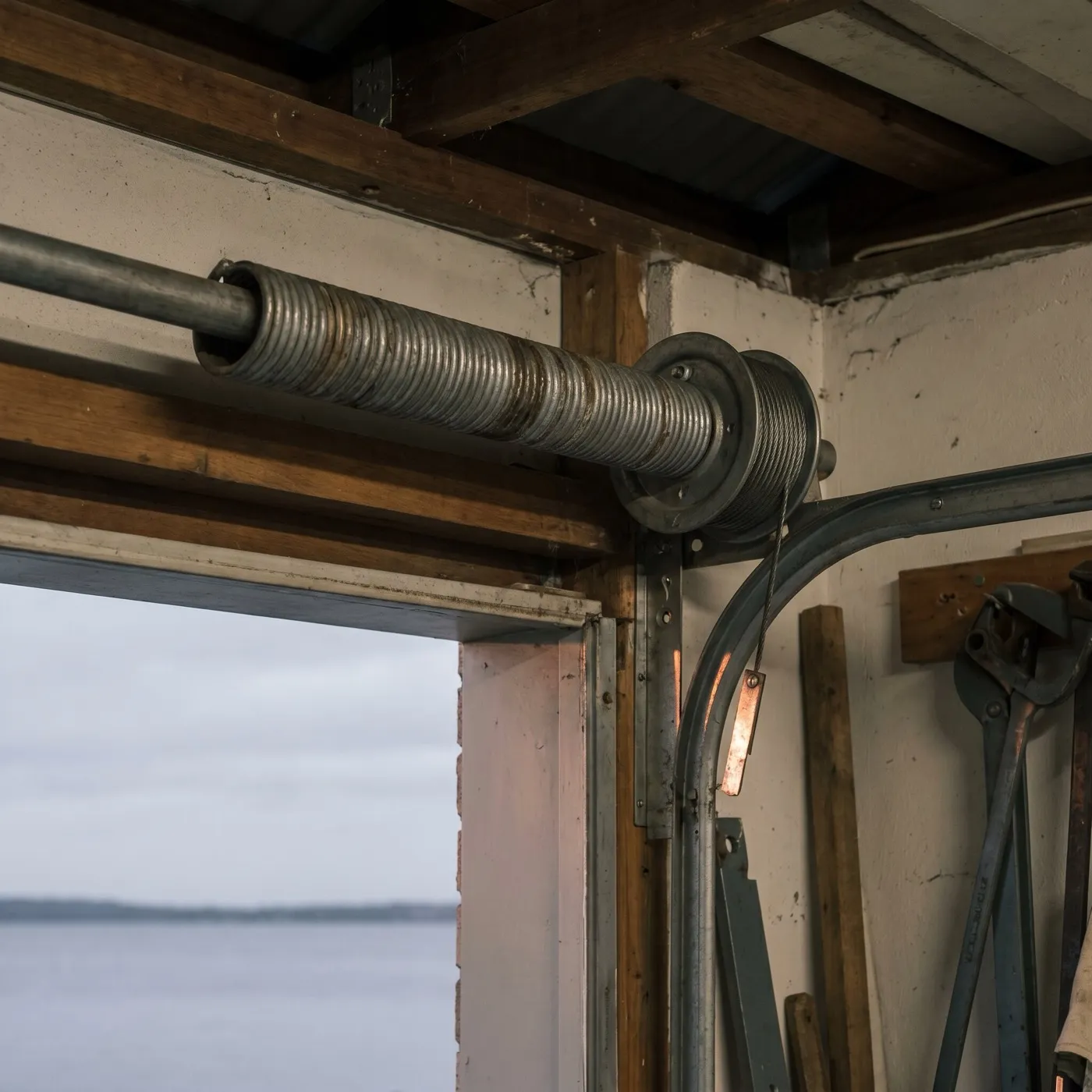 A garage door torsion spring and cable drum on the shaft above the door