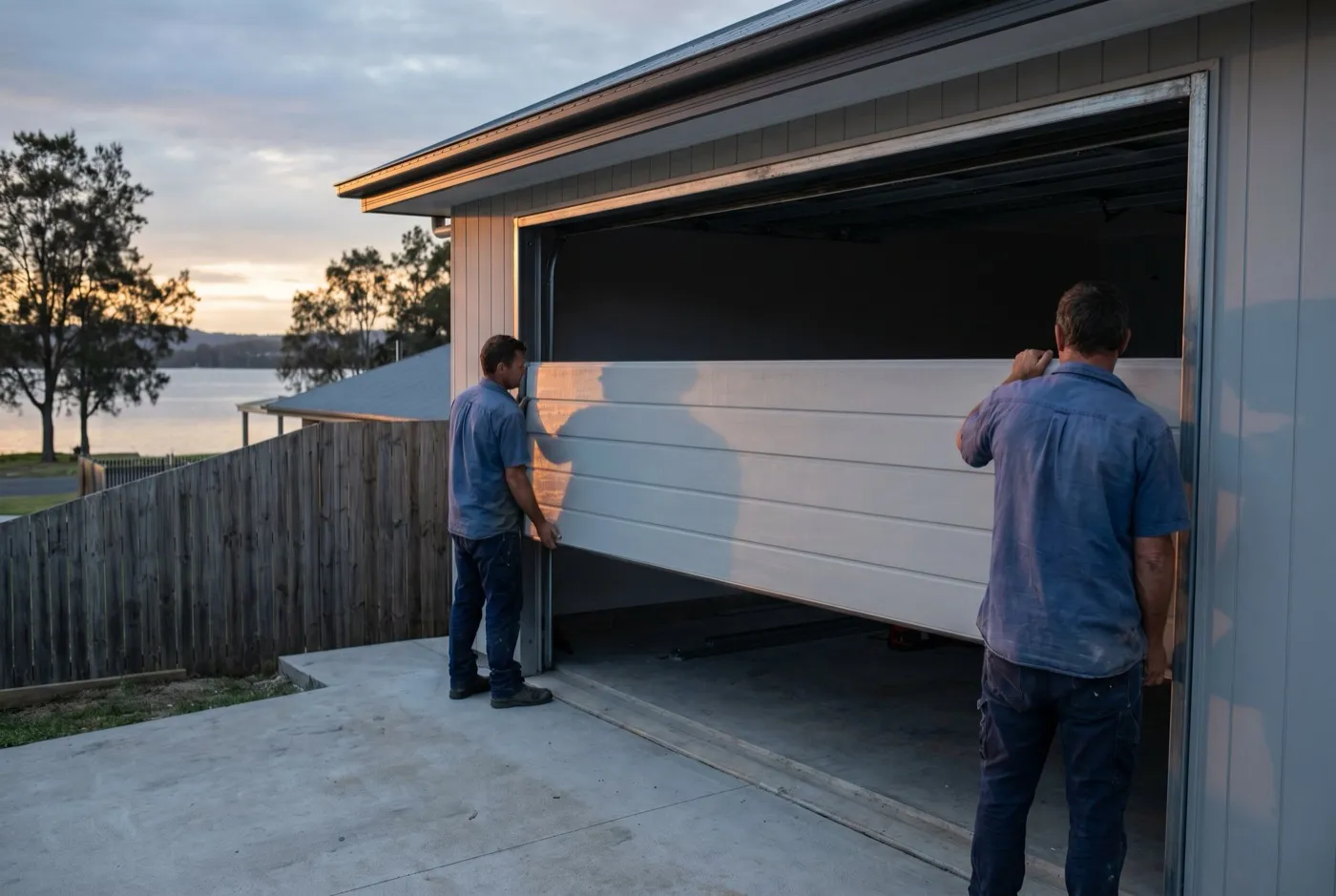 Two installers lifting a new sectional garage door panel into its tracks in a double garage opening