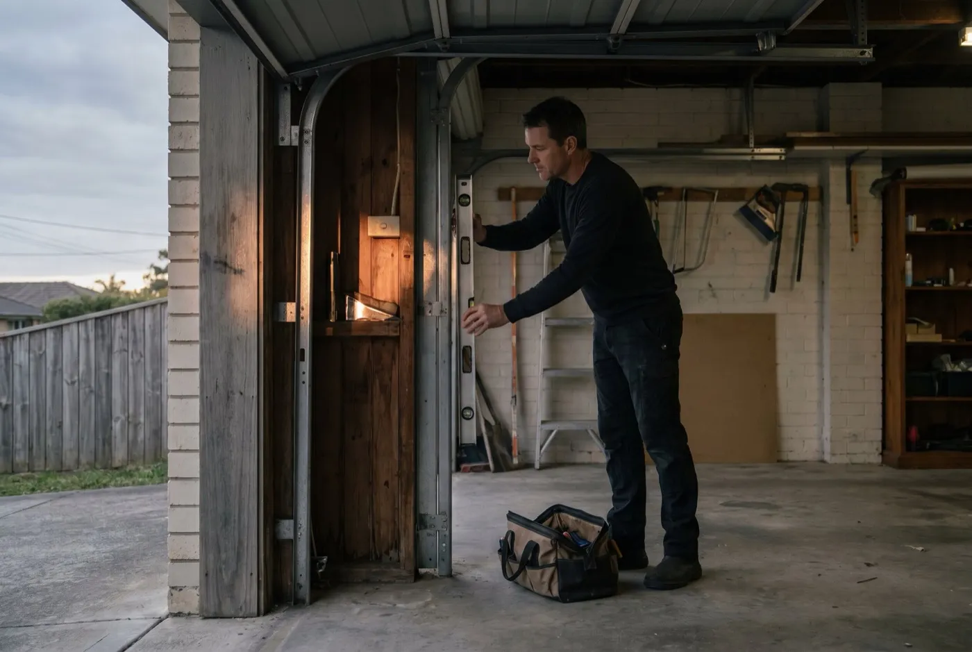 A technician holding a spirit level against a garage door track inside a garage